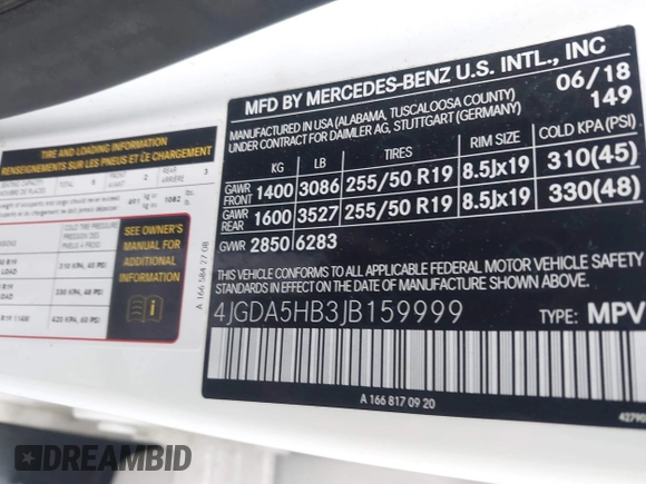 2018 Mercedes-Benz GLE 350 with VIN 4JGDA5HB3JB159999, listed as a IAAI auction lot 42642708 with 135,978 mi miles and . Bid and sale history available at DreamBid. Image 9.