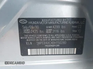 2011 Hyundai Sonata GLS with VIN 5NPEB4AC4BH150280, listed as a IAAI auction lot 41942212 with 84,135 mi miles and . Bid and sale history available at carsss.com. Image 9.