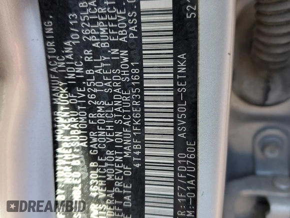 2014 Toyota Camry L with VIN 4T4BF1FK6ER351681, listed as a Copart auction lot 41599265 with 182,701 mi miles and Salvage Title. Bid and sale history available at carsss.com. Image 13.