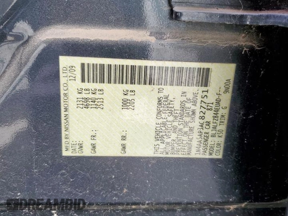 2010 Nissan Maxima SV with VIN 1N4AA5AP3AC827751, listed as a Copart auction lot 65038805 with 150,576 mi miles and Salvage title. Bid and sale history available at DreamBid. Image 12.