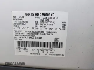 2019 Ford Explorer Limited с VIN 1FM5K7F81KGB48640, выставлен на аукционе IAAI как лот 42359695 с пробегом 119 571 миль миль и . История ставок и продаж доступна на DreamBid. Изображение 9.
