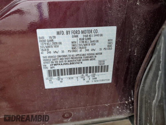 2020 Ford Edge SEL z VIN 2FMPK4J9XLBB31674, wystawiony jako Copart lot #86152694 z przebiegiem 34 011 mil mil oraz Nie do naprawy • Non repairable. Historia ofert i sprzedaży dostępna na DreamBid. Obrazek 13.