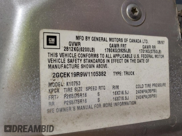 1998 Chevrolet Silverado 1500 with VIN 2GCEK19R9W1105382, listed as a Copart auction lot 87264814 with 290,006 mi miles and Salvage Title. Bid and sale history available at DreamBid. Image 14.