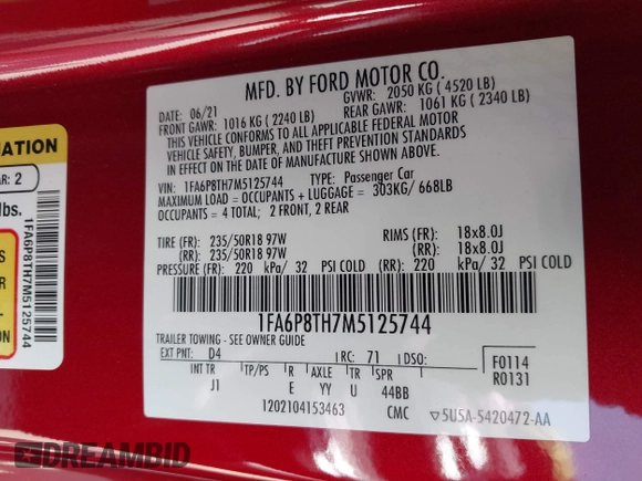 2021 Ford Mustang EcoBoost with VIN 1FA6P8TH7M5125744, listed as a IAAI auction lot 42520877 with 31,953 mi miles and . Bid and sale history available at DreamBid. Image 9.