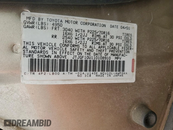 2001 Lexus RX 300 с VIN JTJGF10U110108910, выставлен на аукционе Copart как лот 58805255 с пробегом 148 982 миль миль и Списание • Salvage title. История ставок и продаж доступна на DreamBid. Изображение 14.