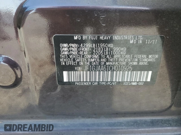 2012 Subaru Impreza 2.0i с VIN JF1GJAA61CH010925, выставлен на аукционе Copart как лот 59628595 с пробегом 137 552 миль миль и Списание • Salvage title. История ставок и продаж доступна на DreamBid. Изображение 13.