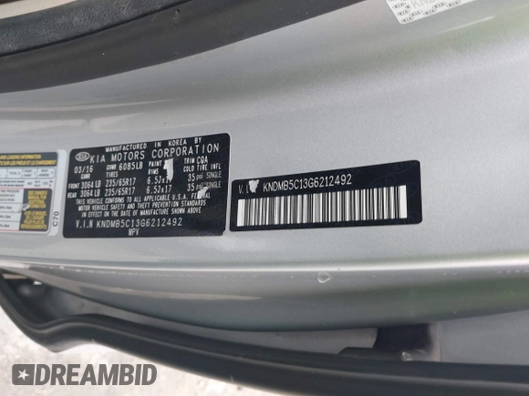 2016 Kia Sedona LX with VIN KNDMB5C13G6212492, listed as a IAAI auction lot 41793029 with 99,176 mi miles. Bid and sale history available at carsss.com. Image 9.