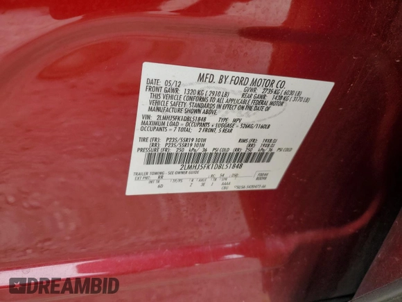 2013 Lincoln MKT with VIN 2LMHJ5FK1DBL51848, listed as a Copart auction lot 41604715 with 262,940 mi miles and Salvage Title. Bid and sale history available at DreamBid. Image 13.