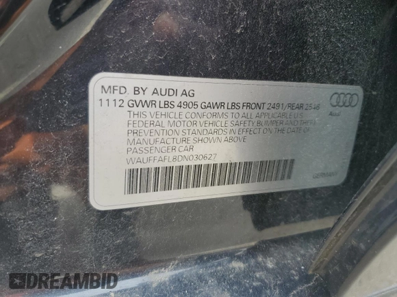 2013 Audi A4 Premium Plus with VIN WAUFFAFL8DN030627, listed as a Copart auction lot 46399905 with 89,592 mi miles and Salvage Title. Bid and sale history available at carsss.com. Image 13.