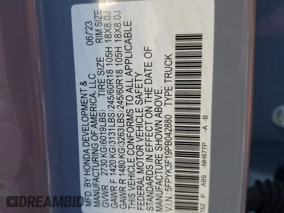 2023 Honda Ridgeline Sport z VIN 5FPYK3F19PB042880, wystawiony jako Copart lot #46337135 z przebiegiem Nie podano mil oraz Nie do naprawy • Non repairable. Historia ofert i sprzedaży dostępna na DreamBid. Obrazek 15.