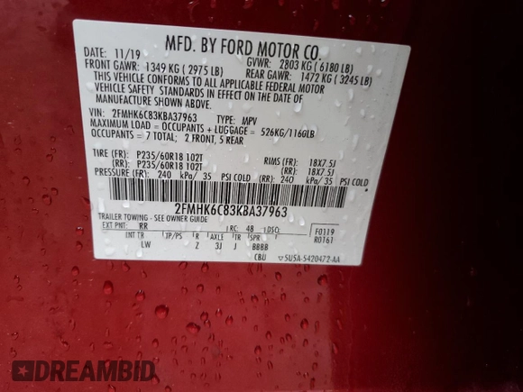 2019 Ford Flex SEL z VIN 2FMHK6C83KBA37963, wystawiony jako Copart lot #41614905 z przebiegiem 59 046 mil mil oraz Szkoda całkowita • Salvage title. Historia ofert i sprzedaży dostępna na DreamBid. Obrazek 16.