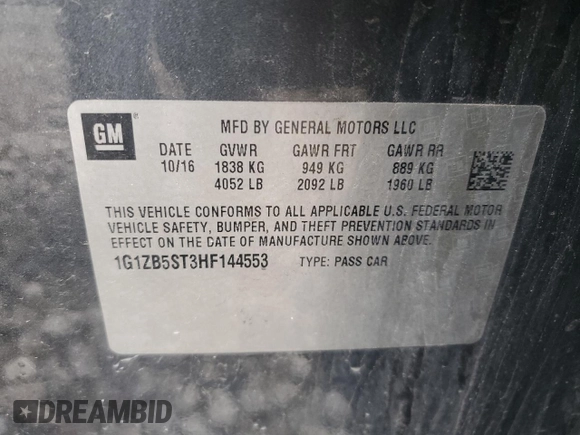 2017 Chevrolet Malibu LS with VIN 1G1ZB5ST3HF144553, listed as a Copart auction lot 54541685 with 264,666 mi miles and Clean Title. Bid and sale history available at DreamBid. Image 12.