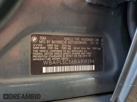 2011 BMW 3 Series 335i xDrive with VIN WBAPL5C56BA919294, listed as a Copart auction lot 66832514 with 167,643 mi miles and Non repairable. Bid and sale history available at DreamBid. Image 12.