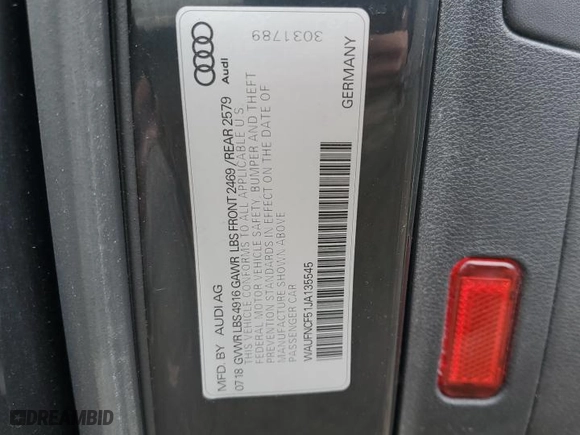 2018 Audi A5 Sportback Prestige with VIN WAUFNCF51JA135545, listed as a Copart auction lot 45250695 with NaN miles and Salvage Title. Bid and sale history available at carsss.com. Image 13.