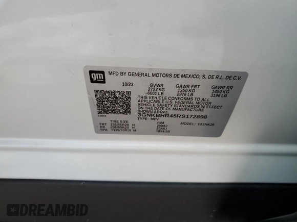 2024 Chevrolet Blazer LT with VIN 3GNKBHR45RS172898, listed as a Copart auction lot 88472515 with Not provided miles and Salvage title. Bid and sale history available at DreamBid. Image 12.