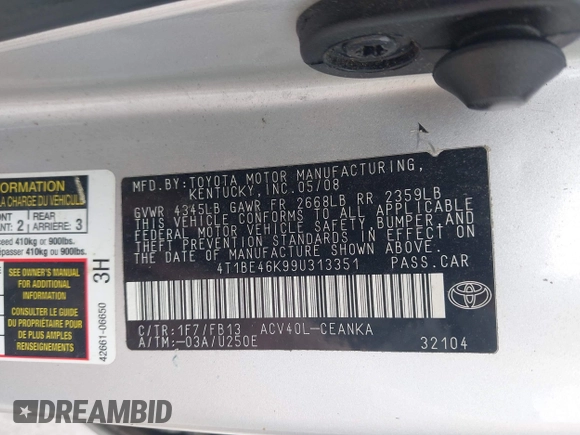 2009 Toyota Camry z VIN 4T1BE46K99U313351, wystawiony jako IAAI lot #42185255 z przebiegiem 331 791 mil mil oraz . Historia ofert i sprzedaży dostępna na DreamBid. Obrazek 9.