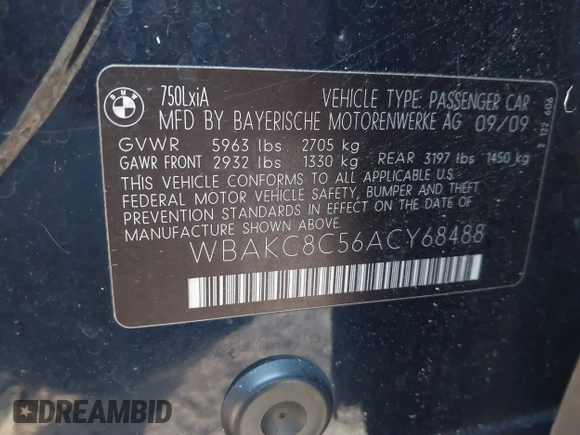 2010 BMW 7 Series 750Li xDrive with VIN WBAKC8C56ACY68488, listed as a IAAI auction lot 41428656 with 140,014 mi miles and . Bid and sale history available at DreamBid. Image 9.