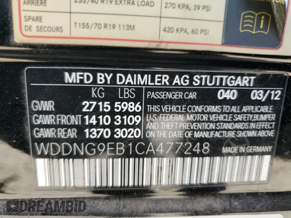 2012 Mercedes-Benz S 550 with VIN WDDNG9EB1CA477248, listed as a Copart auction lot 56546595 with 128,973 mi miles and Salvage title. Bid and sale history available at DreamBid. Image 13.