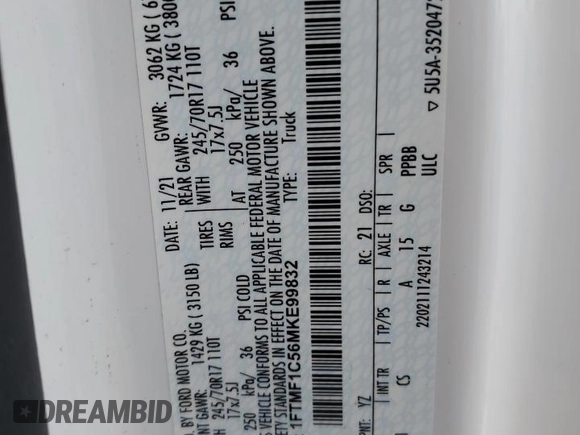 2021 Ford F-150 XL z VIN 1FTMF1C56MKE99832, wystawiony jako Copart lot #58199975 z przebiegiem 86 532 mil mil oraz Szkoda całkowita • Salvage title. Historia ofert i sprzedaży dostępna na DreamBid. Obrazek 12.