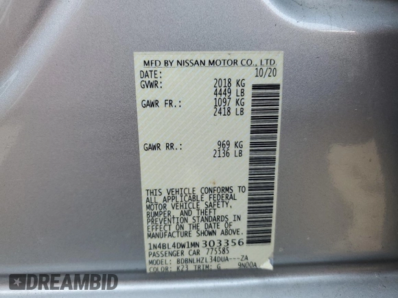 2021 Nissan Altima SV z VIN 1N4BL4DW1MN303356, wystawiony jako Copart lot #72468534 z przebiegiem 73 902 mil mil oraz Szkoda całkowita • Salvage title. Historia ofert i sprzedaży dostępna na DreamBid. Obrazek 12.