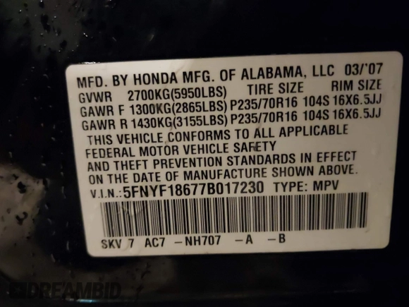 2007 Honda Pilot EX-L with VIN 5FNYF18677B017230, listed as a IAAI auction lot 41727853 with 257,527 mi miles and . Bid and sale history available at DreamBid. Image 9.