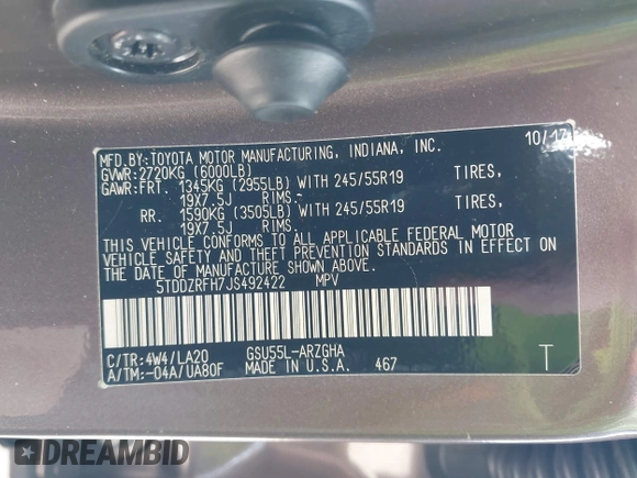 2018 Toyota Highlander Limited с VIN 5TDDZRFH7JS492422, выставлен на аукционе IAAI как лот 41125631 с пробегом 112 045 миль миль и . История ставок и продаж доступна на DreamBid. Изображение 9.