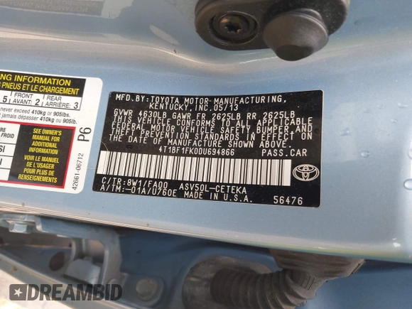 2013 Toyota Camry L with VIN 4T1BF1FK0DU694866, listed as a IAAI auction lot 42096028 with 260,525 mi miles and . Bid and sale history available at DreamBid. Image 9.