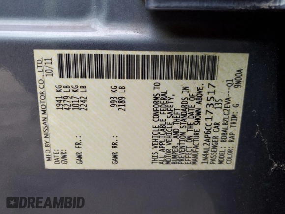 2012 Nissan Altima 2.5 S with VIN 1N4AL2AP6CC173517, listed as a Copart auction lot 47519045 with 44,956 mi miles and Non Repairable. Bid and sale history available at carsss.com. Image 12.