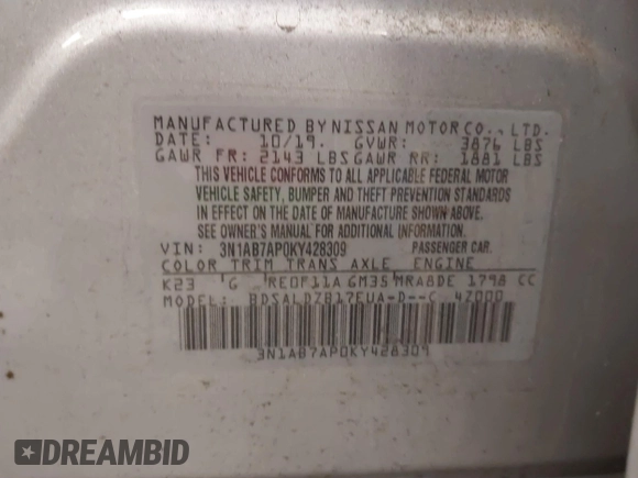 2019 Nissan Sentra S with VIN 3N1AB7AP0KY428309, listed as a IAAI auction lot 41725797 with 103,049 mi miles and . Bid and sale history available at DreamBid. Image 9.