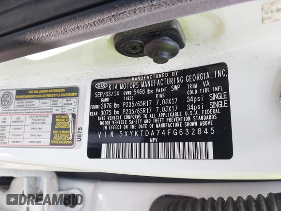 2015 Kia Sorento LX with VIN 5XYKTDA74FG632845, listed as a IAAI auction lot 42660399 with 93,386 mi miles and . Bid and sale history available at DreamBid. Image 9.