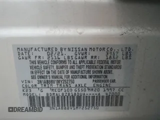 2021 Nissan Sentra S z VIN 3N1AB8BV1MY252750, wystawiony jako Copart lot #55727335 z przebiegiem 83 856 mil mil oraz Szkoda całkowita • Salvage title. Historia ofert i sprzedaży dostępna na DreamBid. Obrazek 12.