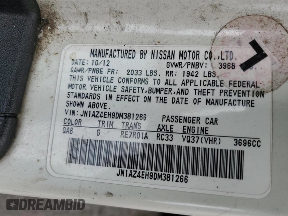 2013 Nissan 370Z with VIN JN1AZ4EH9DM381266, listed as a Copart auction lot 59989515 with 170,900 mi miles and Salvage title. Bid and sale history available at DreamBid. Image 13.