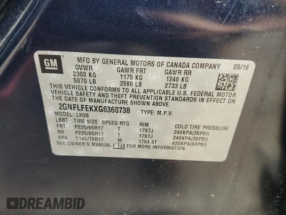 2016 Chevrolet Equinox LT z VIN 2GNFLFEKXG6360738, wystawiony jako Copart lot #54370195 z przebiegiem 84 316 mil mil oraz Szkoda całkowita • Salvage title. Historia ofert i sprzedaży dostępna na DreamBid. Obrazek 13.