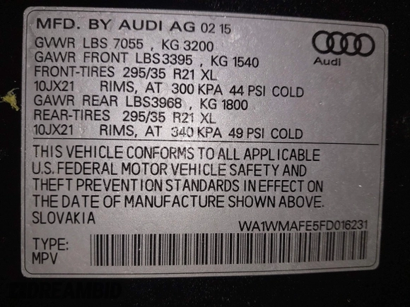 2015 Audi Q7 3.0L TDI Prestige with VIN WA1WMAFE5FD016231, listed as a IAAI auction lot 41221219 with 108,632 mi miles. Bid and sale history available at carsss.com. Image 9.