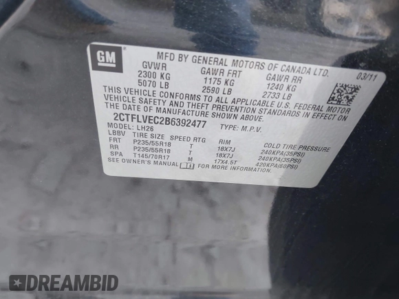 2011 GMC Terrain SLT-1 with VIN 2CTFLVEC2B6392477, listed as a IAAI auction lot 41796198 with 185,977 mi miles and . Bid and sale history available at DreamBid. Image 9.