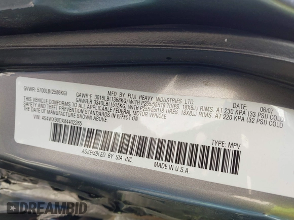 2008 Subaru Tribeca Limited z VIN 4S4WX90DX84402265, wystawiony jako IAAI lot #41959991 z przebiegiem Nie podano mil oraz . Historia ofert i sprzedaży dostępna na DreamBid. Obrazek 9.