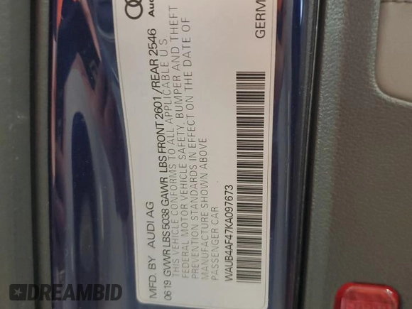 2019 Audi S4 Premium Plus with VIN WAUB4AF47KA097673, listed as a Copart auction lot 50349674 with 44,608 mi miles and Salvage Title. Bid and sale history available at carsss.com. Image 13.