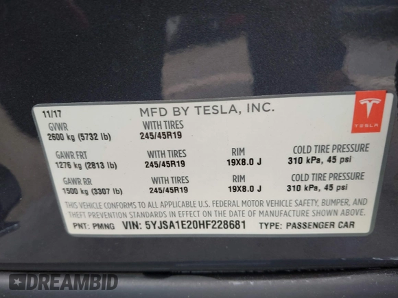 2017 Tesla Model S 100D with VIN 5YJSA1E20HF228681, listed as a IAAI auction lot 42424793 with Not provided miles and . Bid and sale history available at DreamBid. Image 9.
