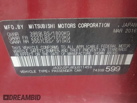 2016 Mitsubishi Lancer ES with VIN JA32U2FU8GU011459, listed as a IAAI auction lot 42277072 with 93,408 mi miles and . Bid and sale history available at DreamBid. Image 9.