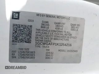 2019 Chevrolet Express Cargo with VIN 1GCWGAFP1K1254216, listed as a IAAI auction lot 42434125 with 257,792 mi miles and . Bid and sale history available at DreamBid. Image 9.