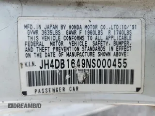 1992 Acura Integra with VIN JH4DB1649NS000455, listed as a Copart auction lot 62386755 with 209,785 mi miles and Salvage title. Bid and sale history available at DreamBid. Image 12.