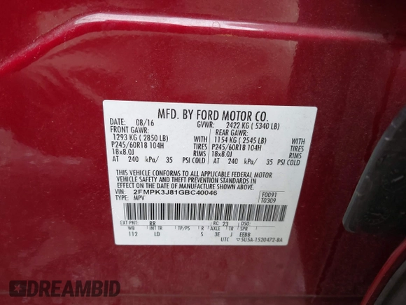 2016 Ford Edge SEL with VIN 2FMPK3J81GBC40046, listed as a IAAI auction lot 41945643 with 71,109 mi miles. Bid and sale history available at carsss.com. Image 9.