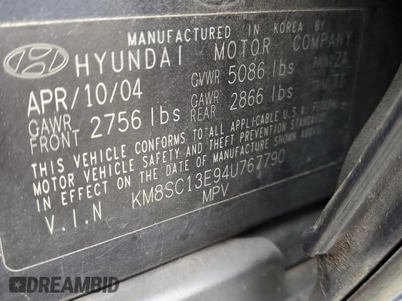 2004 Hyundai Santa Fe GLS with VIN KM8SC13E94U767790, listed as a Copart auction lot 51494985 with 107,480 mi miles and Clean Title. Bid and sale history available at carsss.com. Image 13.