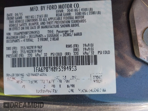 2015 Ford Mustang EcoBoost with VIN 1FA6P8TH8F5394953, listed as a IAAI auction lot 42618352 with 101,302 mi miles and . Bid and sale history available at DreamBid. Image 9.