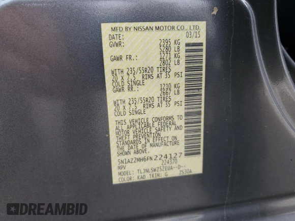 2015 Nissan Murano SL z VIN 5N1AZ2MH6FN224127, wystawiony jako Copart lot #56872115 z przebiegiem 88 340 mil mil oraz Szkoda całkowita • Salvage title. Historia ofert i sprzedaży dostępna na DreamBid. Obrazek 13.