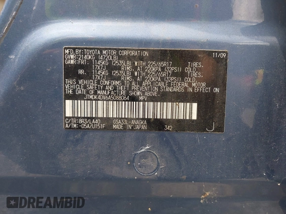 2010 Toyota RAV4 Limited with VIN JTMDK4DV6A5088064, listed as a IAAI auction lot 42859106 with Not provided miles and . Bid and sale history available at DreamBid. Image 9.