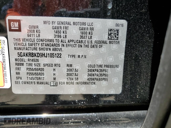 2017 Buick Enclave Leather with VIN 5GAKRBKD9HJ105122, listed as a Copart auction lot 54020875 with 33,457 mi miles and Salvage Title. Bid and sale history available at carsss.com. Image 13.