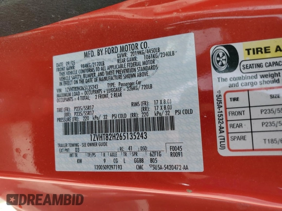 2006 Ford Mustang GT Deluxe with VIN 1ZVHT82H265135243, listed as a Copart auction lot 49623955 with 109,615 mi miles and Salvage Title. Bid and sale history available at DreamBid. Image 12.