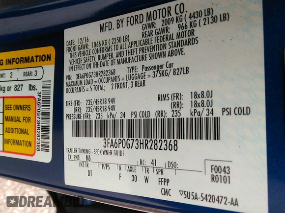 2017 Ford Fusion S with VIN 3FA6P0G73HR282368, listed as a IAAI auction lot 41906999 with 76,259 mi miles. Bid and sale history available at carsss.com. Image 9.