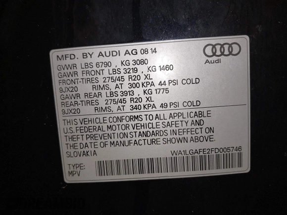 2015 Audi Q7 Premium Plus with VIN WA1LGAFE2FD005746, listed as a IAAI auction lot 42143924 with 143,835 mi miles and . Bid and sale history available at DreamBid. Image 9.